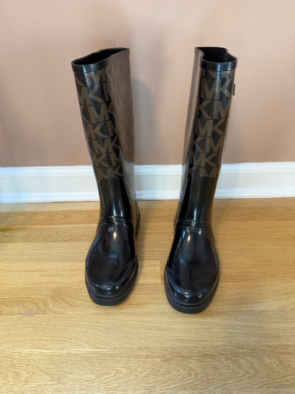 Michael Kors Brown and Black MK Logo Tall Rain Boots